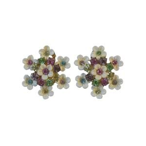 1950s Coro White Plastic Pastel Rhinestones Flower Floral Cluster Clip Earrings